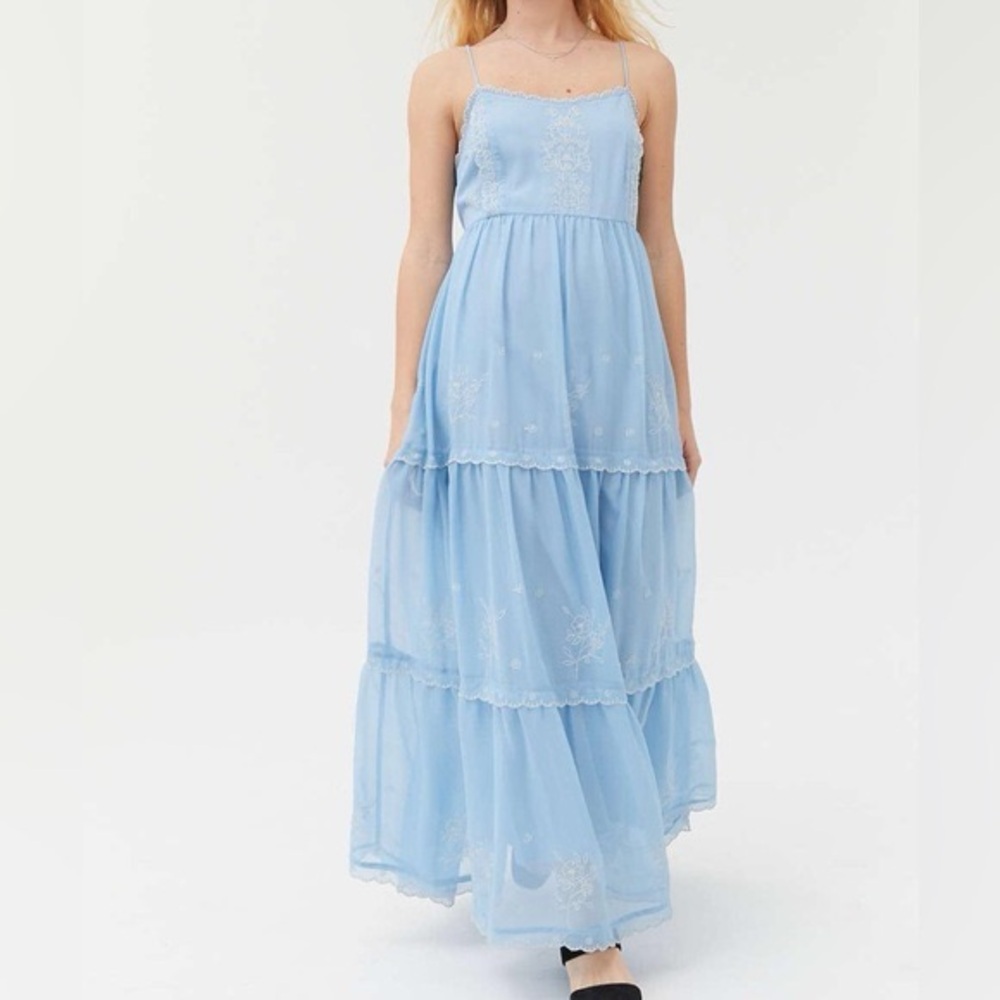 Urban Outfitters Hanna Blue Chiffon Crepe Maxi Dress with Silver Embroidery